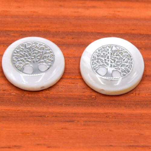 Perles coquillage d'eau douce rondes plates Ø15mm arbre de vie