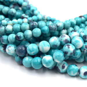 Perles de jade tachetées bleu turquoise. Lot de 40 perles