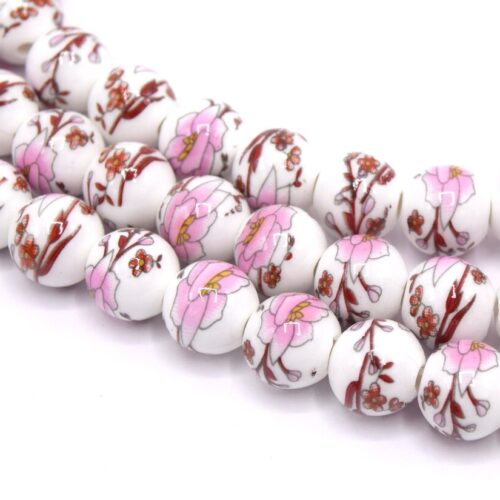 Perles en céramique rondes à fleurs rose 10mm