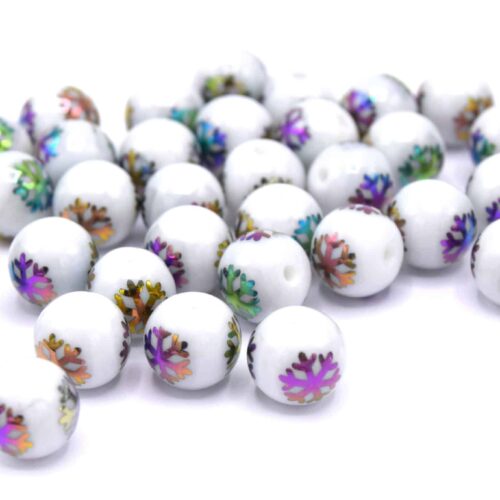 Perles de verre ronde blanche flocon de neige x10