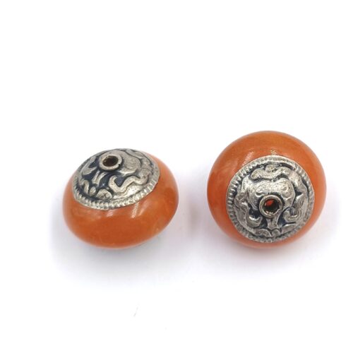 Perles tibétaines ambre plates rondes en laiton argent antique pour bijoux DIY