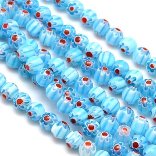 perles millefiori bleu ciel fleur rouge unique 8mm 1