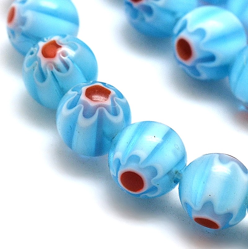 perles millefiori bleu ciel fleur rouge unique 8mm 1