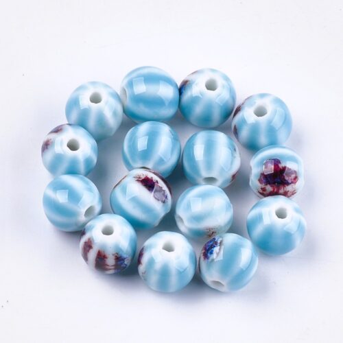 perles porcelaine rayée ronde bleu ciel