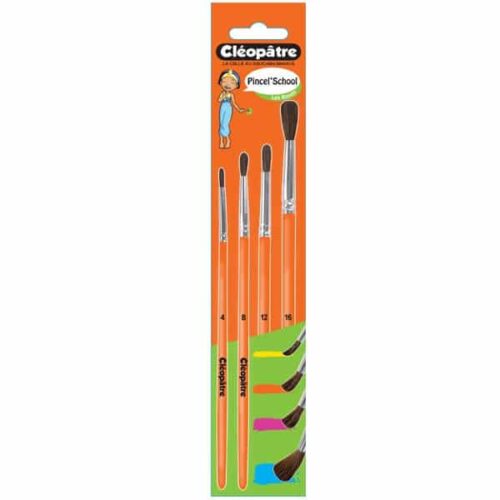 Cléopâtre - Lot de 4 pinceaux ronds pour écoliers, poils de poney, numéros 4, 8, 12, 16