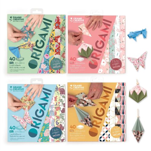 Assortiment des 4 pochettes de papier origami 20x20 cm motifs et unis