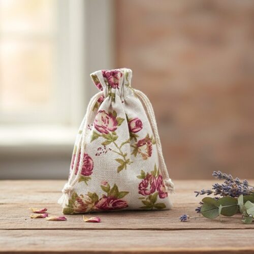 pochette en coton pour bijoux et fleurs séchées motifs fleurs roses